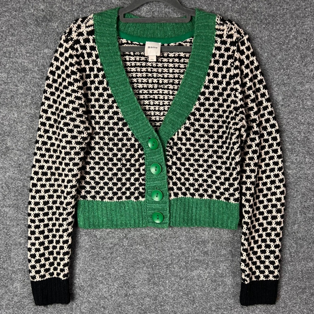 Maeve Cardigan Sweater Womens S Green Black Good Cropped Geometric Knit Button